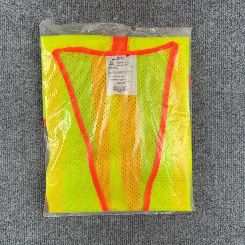 NS Safety Vest Mens Large Yellow Orange Mesh Reflective 3M Scotchlite Class 2
